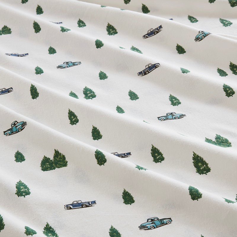 Woolrich 100% Cotton Printed Flannel Sheet Set - Green Trees And Trucks