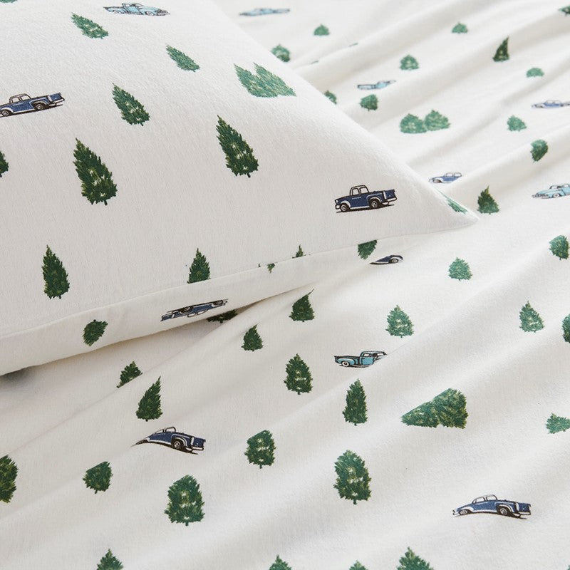 Woolrich 100% Cotton Printed Flannel Sheet Set - Green Trees And Trucks