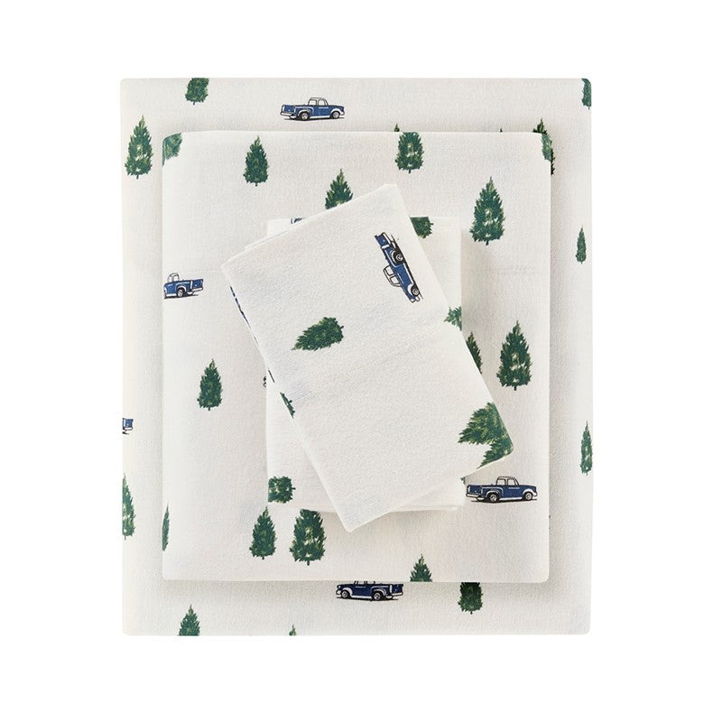 Woolrich 100% Cotton Printed Flannel Sheet Set - Green Trees And Trucks
