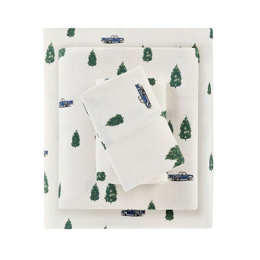Woolrich 100% Cotton Printed Flannel Sheet Set - Green Trees And Trucks - Quahog Bay Bedding