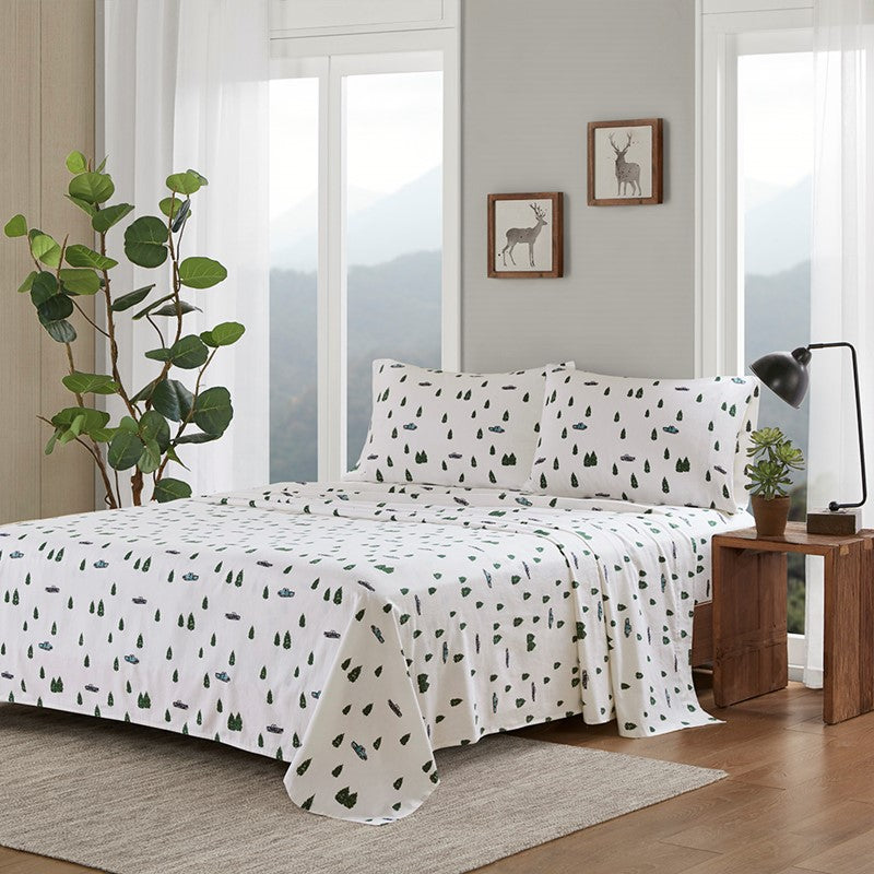 Woolrich 100% Cotton Printed Flannel Sheet Set - Green Trees And Trucks