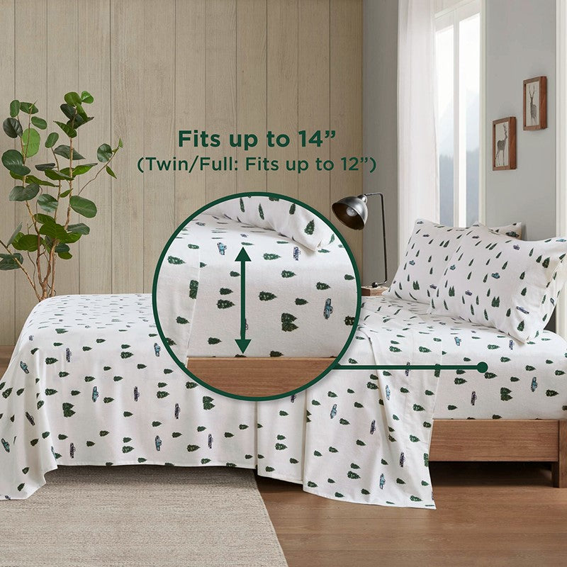 Woolrich 100% Cotton Printed Flannel Sheet Set - Green Trees And Trucks