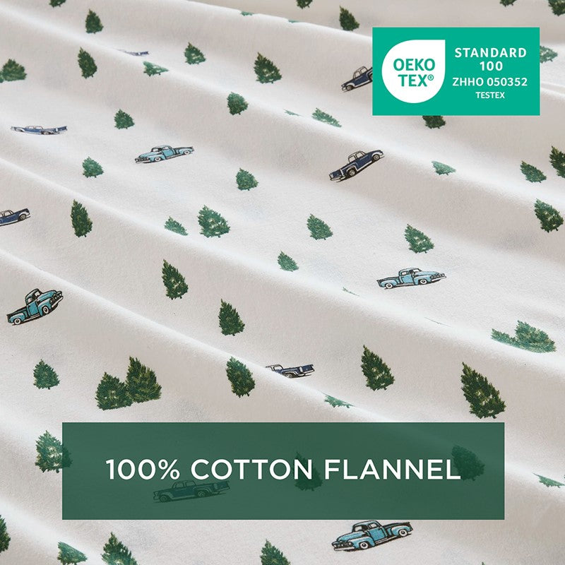 Woolrich 100% Cotton Printed Flannel Sheet Set - Green Trees And Trucks