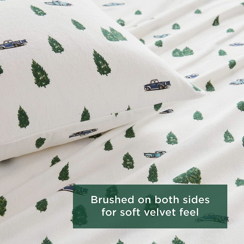 Woolrich 100% Cotton Printed Flannel Sheet Set - Green Trees And Trucks