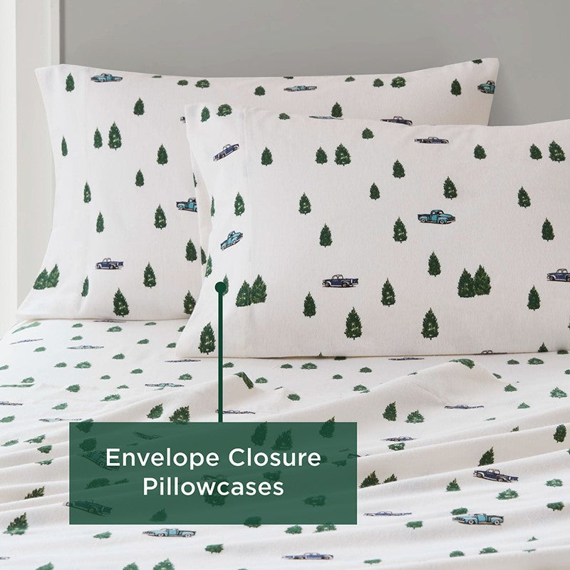 Woolrich 100% Cotton Printed Flannel Sheet Set - Green Trees And Trucks