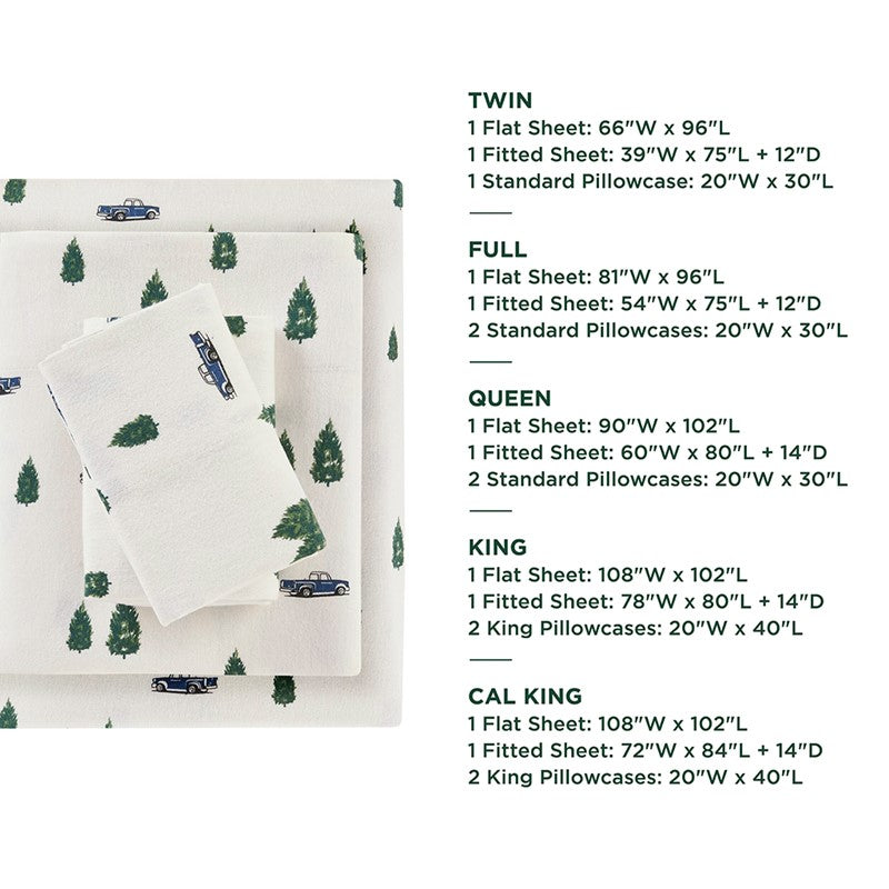 Woolrich 100% Cotton Printed Flannel Sheet Set - Green Trees And Trucks
