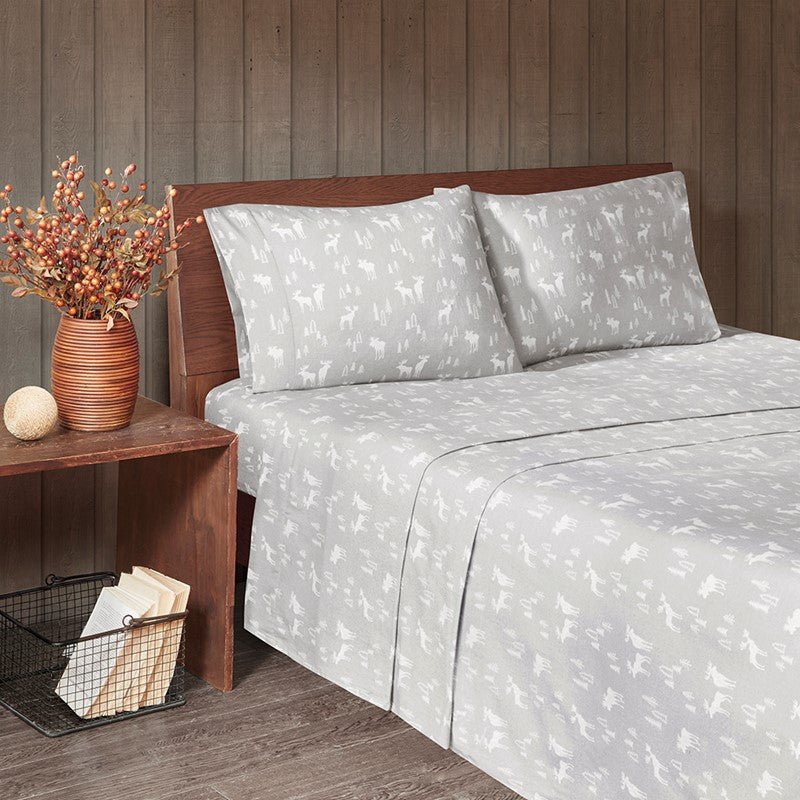 Woolrich 100% Cotton Printed Flannel Sheet Set - Grey Moose - Quahog Bay Bedding