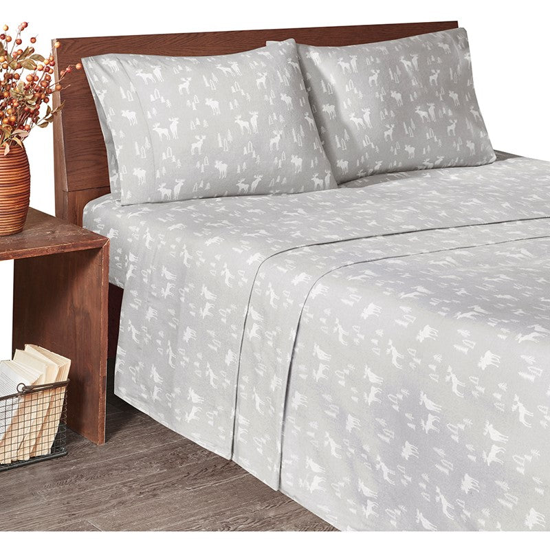 Woolrich 100% Cotton Printed Flannel Sheet Set - Grey Moose