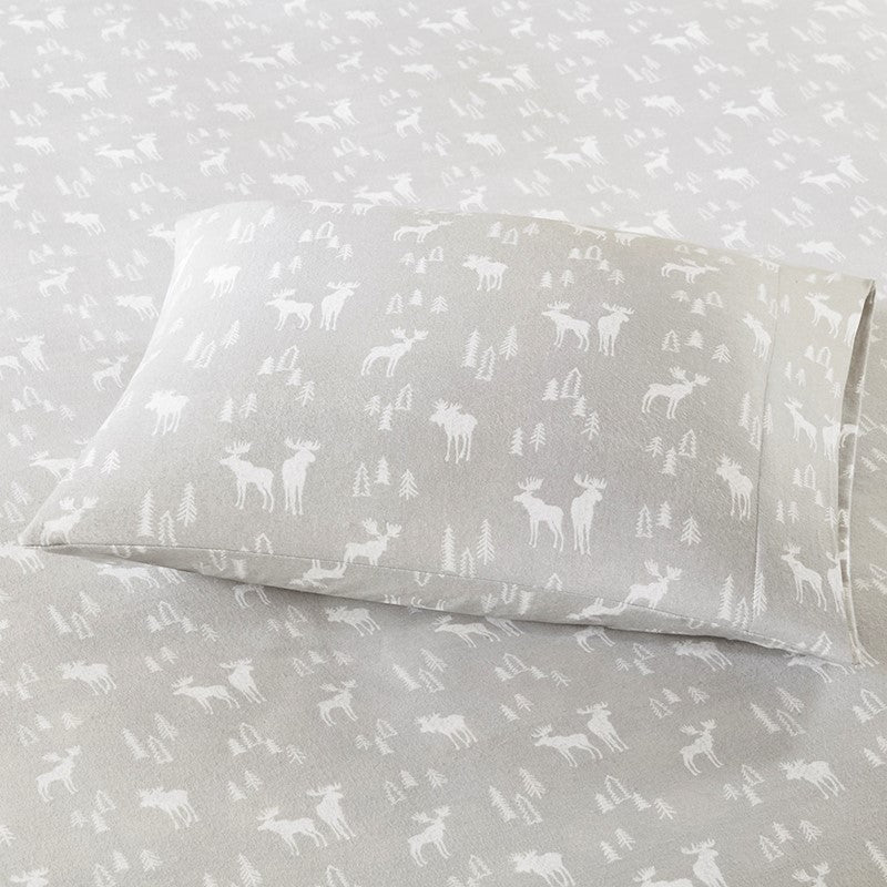 Woolrich 100% Cotton Printed Flannel Sheet Set - Grey Moose