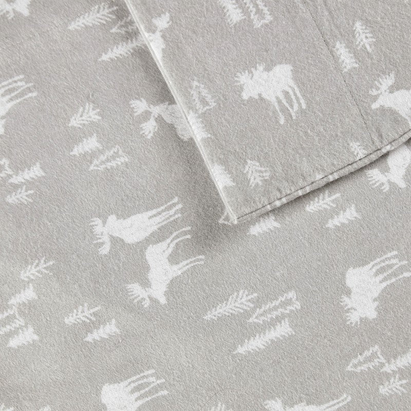 Woolrich 100% Cotton Printed Flannel Sheet Set - Grey Moose