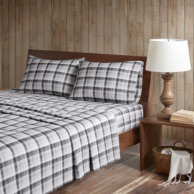 Woolrich 100% Cotton Printed Flannel Sheet Set - Grey Plaid - Quahog Bay Bedding