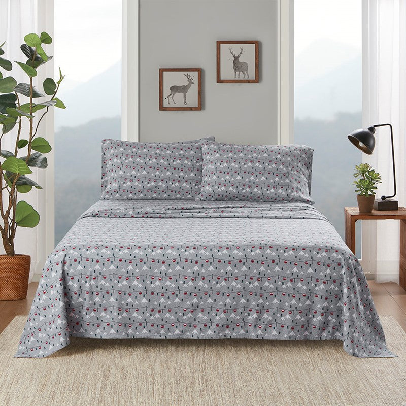 Woolrich 100% Cotton Printed Flannel Sheet Set - Grey Ski Jump