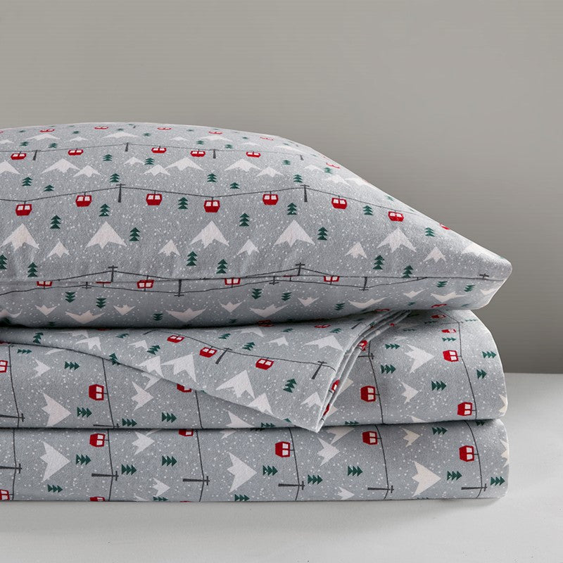 Woolrich 100% Cotton Printed Flannel Sheet Set - Grey Ski Jump
