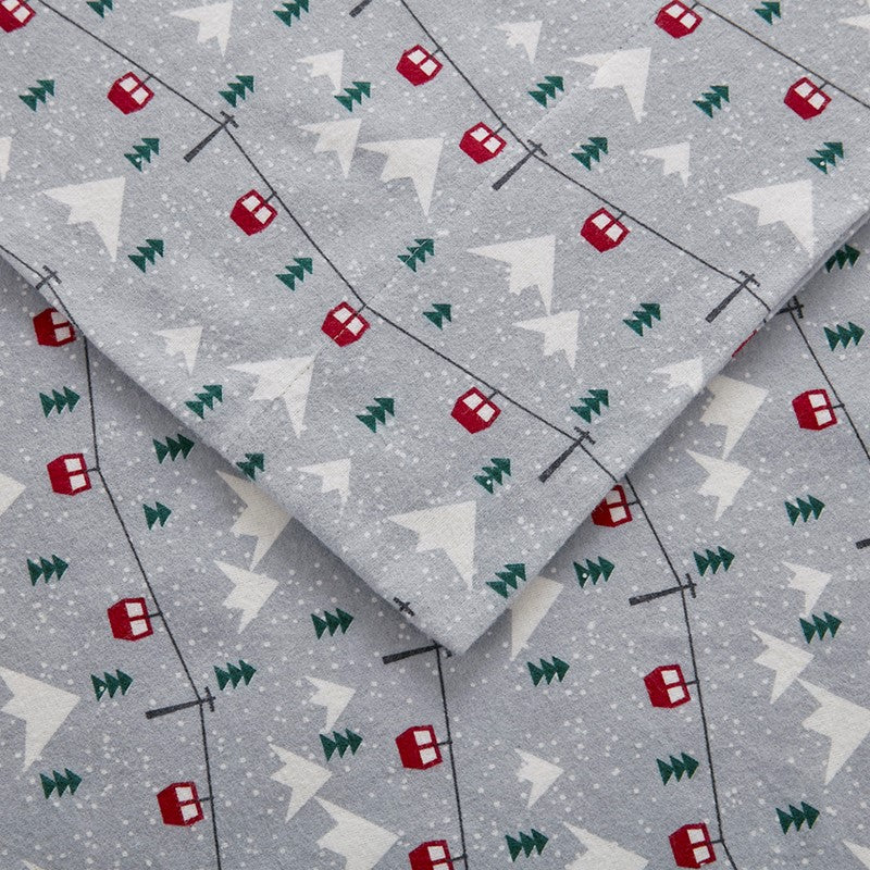 Woolrich 100% Cotton Printed Flannel Sheet Set - Grey Ski Jump
