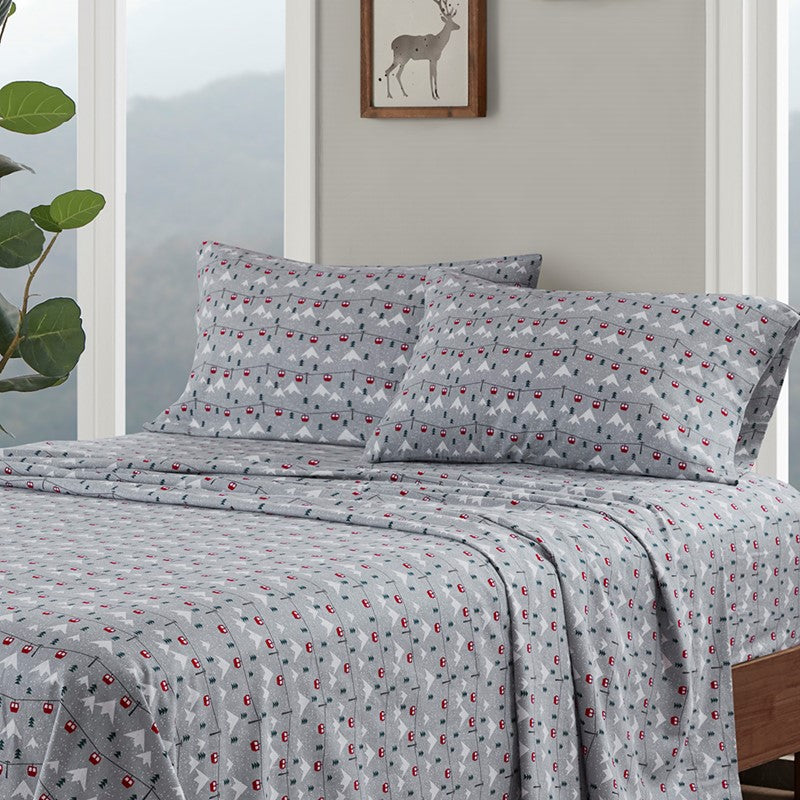 Woolrich 100% Cotton Printed Flannel Sheet Set - Grey Ski Jump