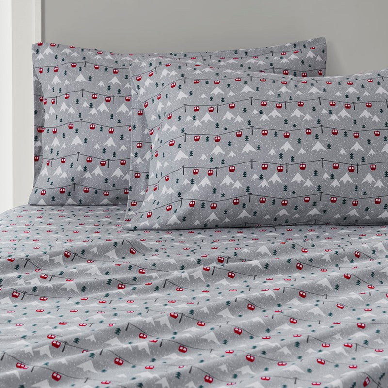 Woolrich 100% Cotton Printed Flannel Sheet Set - Grey Ski Jump