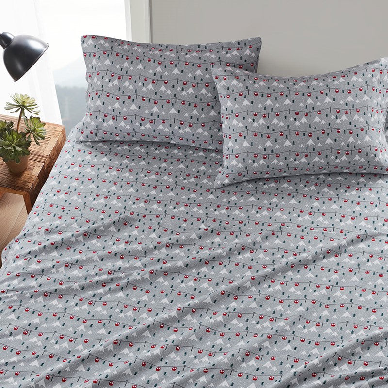 Woolrich 100% Cotton Printed Flannel Sheet Set - Grey Ski Jump