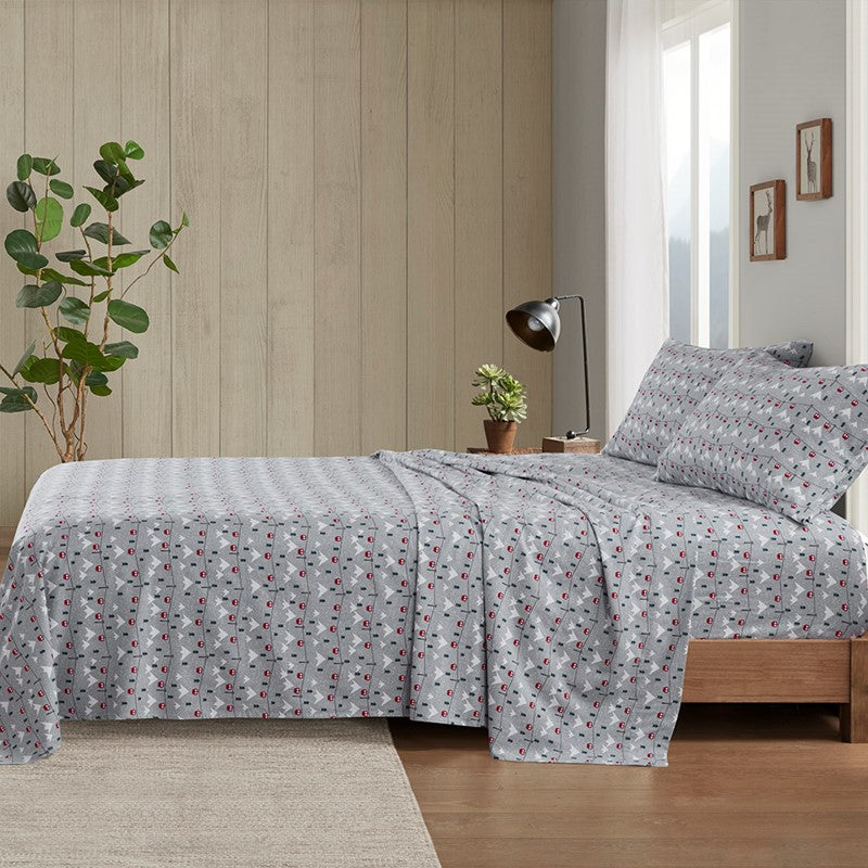 Woolrich 100% Cotton Printed Flannel Sheet Set - Grey Ski Jump