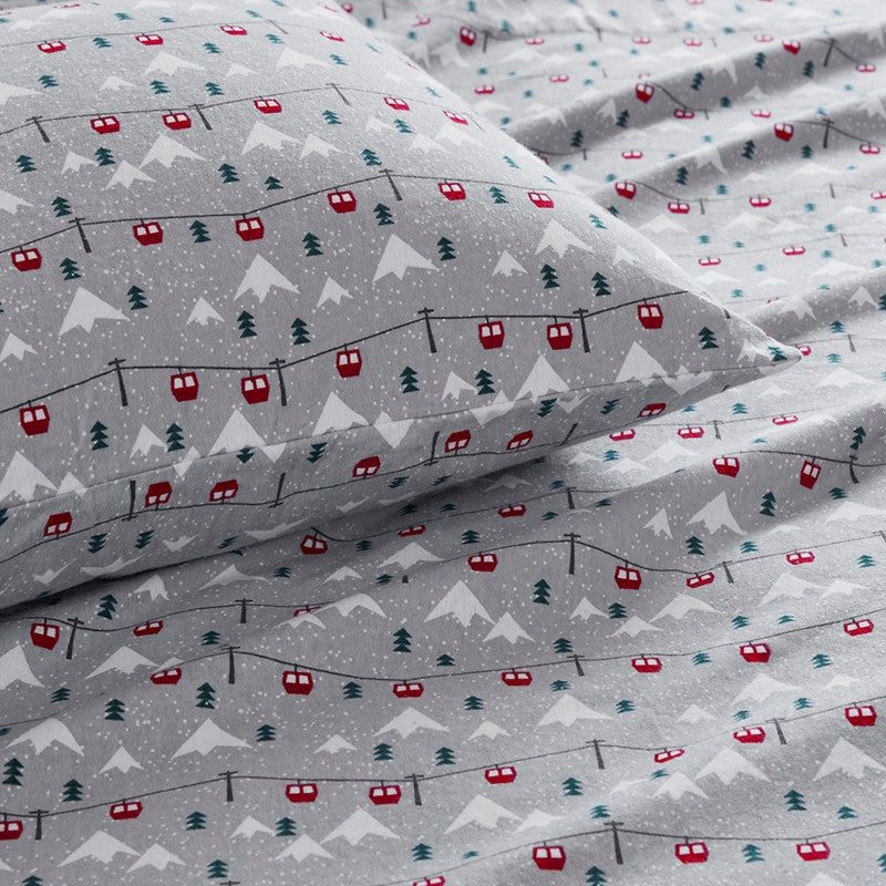 Woolrich 100% Cotton Printed Flannel Sheet Set - Grey Ski Jump