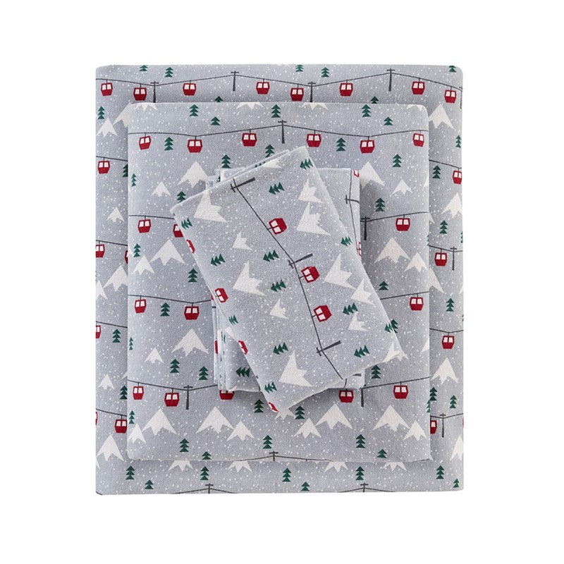 Woolrich 100% Cotton Printed Flannel Sheet Set - Grey Ski Jump