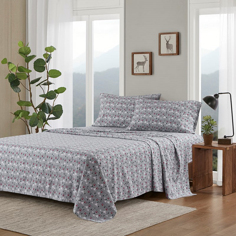 Woolrich 100% Cotton Printed Flannel Sheet Set - Grey Ski Jump