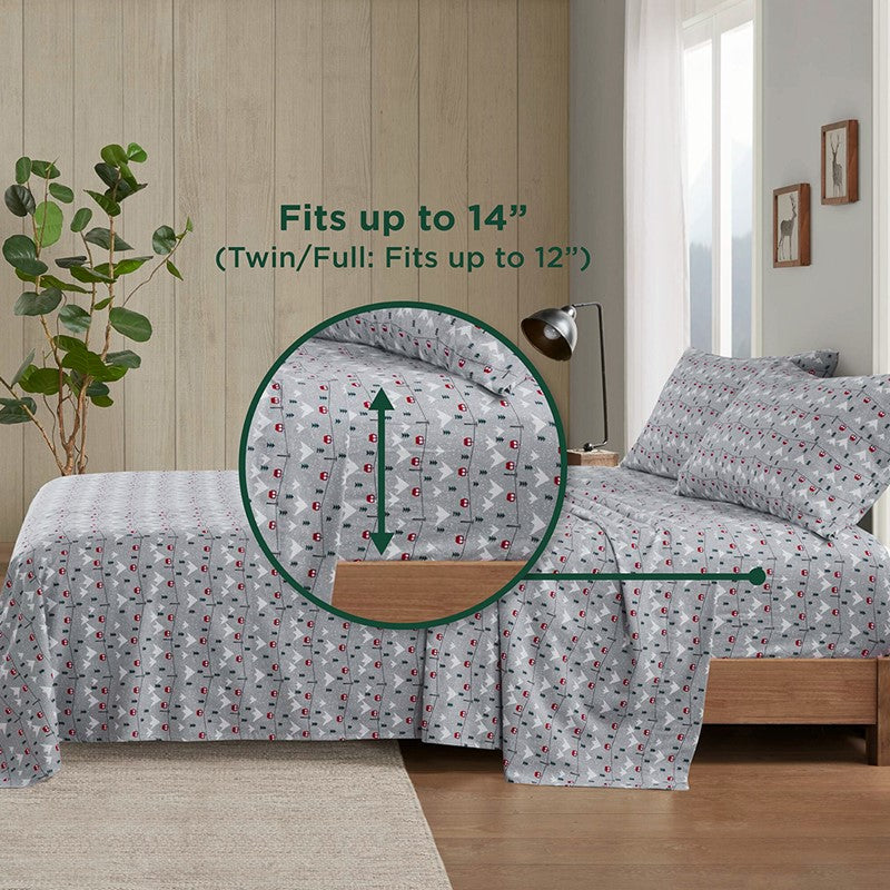 Woolrich 100% Cotton Printed Flannel Sheet Set - Grey Ski Jump
