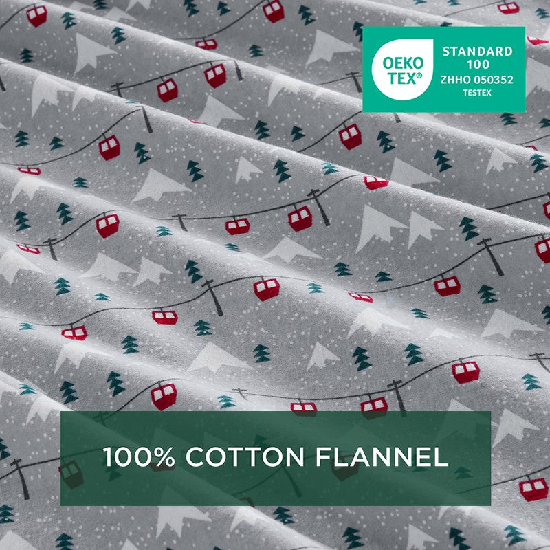 Woolrich 100% Cotton Printed Flannel Sheet Set - Grey Ski Jump