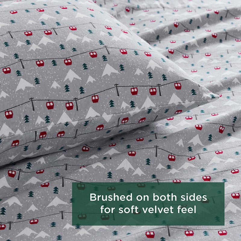 Woolrich 100% Cotton Printed Flannel Sheet Set - Grey Ski Jump