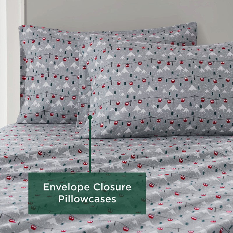 Woolrich 100% Cotton Printed Flannel Sheet Set - Grey Ski Jump