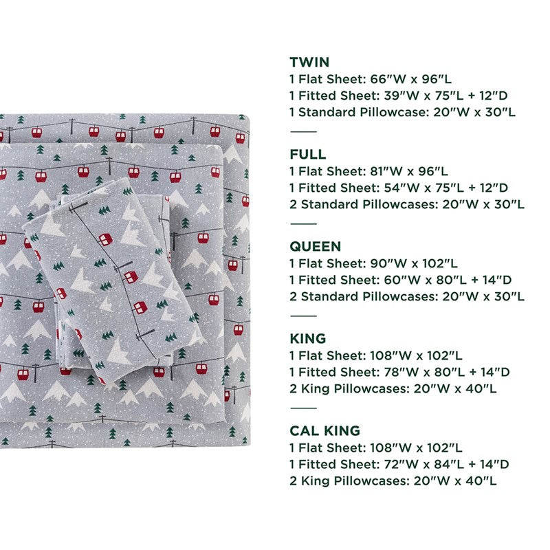 Woolrich 100% Cotton Printed Flannel Sheet Set - Grey Ski Jump