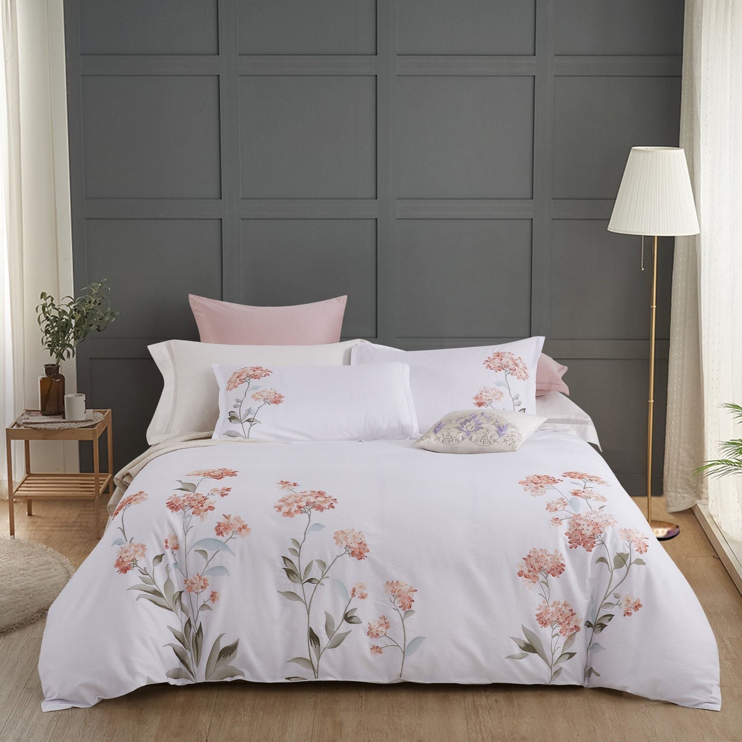 Hydrangea Floral 100% Cotton Embroidered Duvet Cover Set