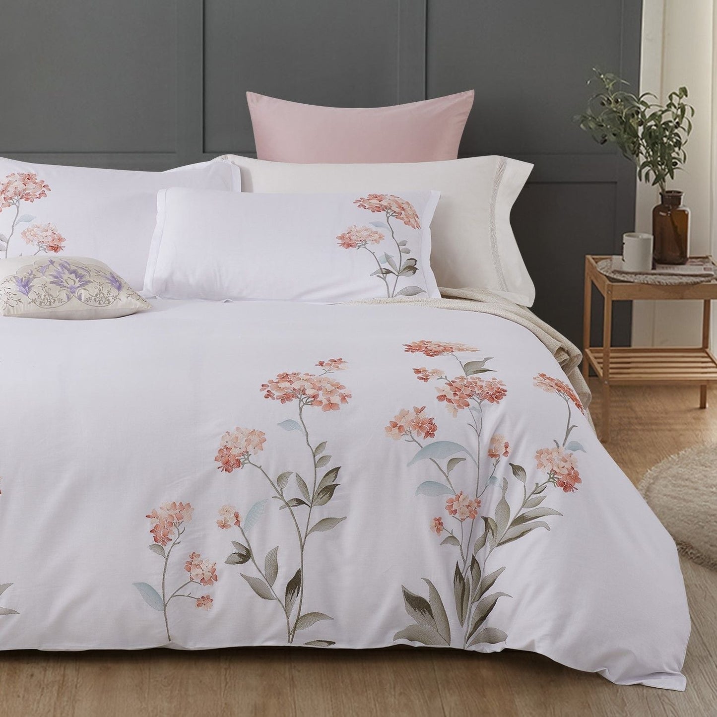 Hydrangea Floral 100% Cotton Embroidered Duvet Cover Set
