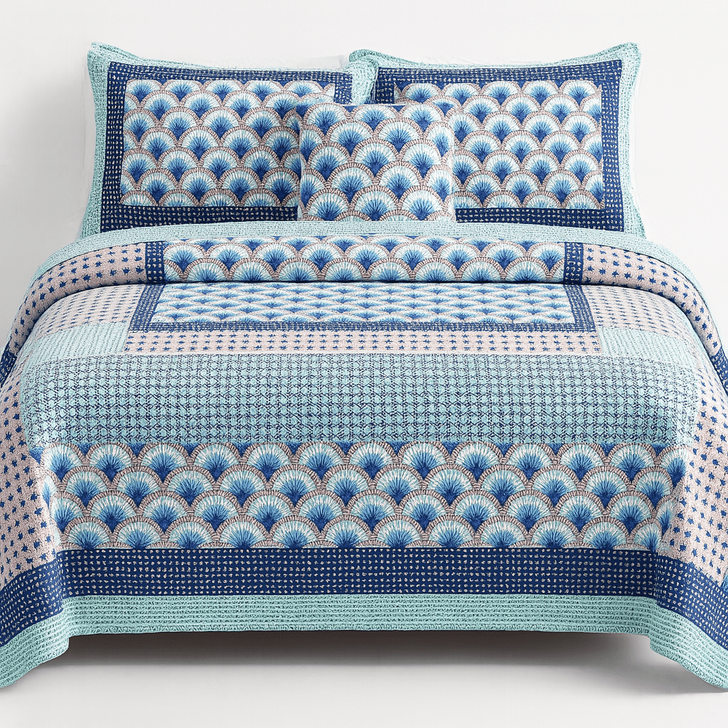 Mediterranean Blue Mint Green Patchwork Quilted Bedspread Set