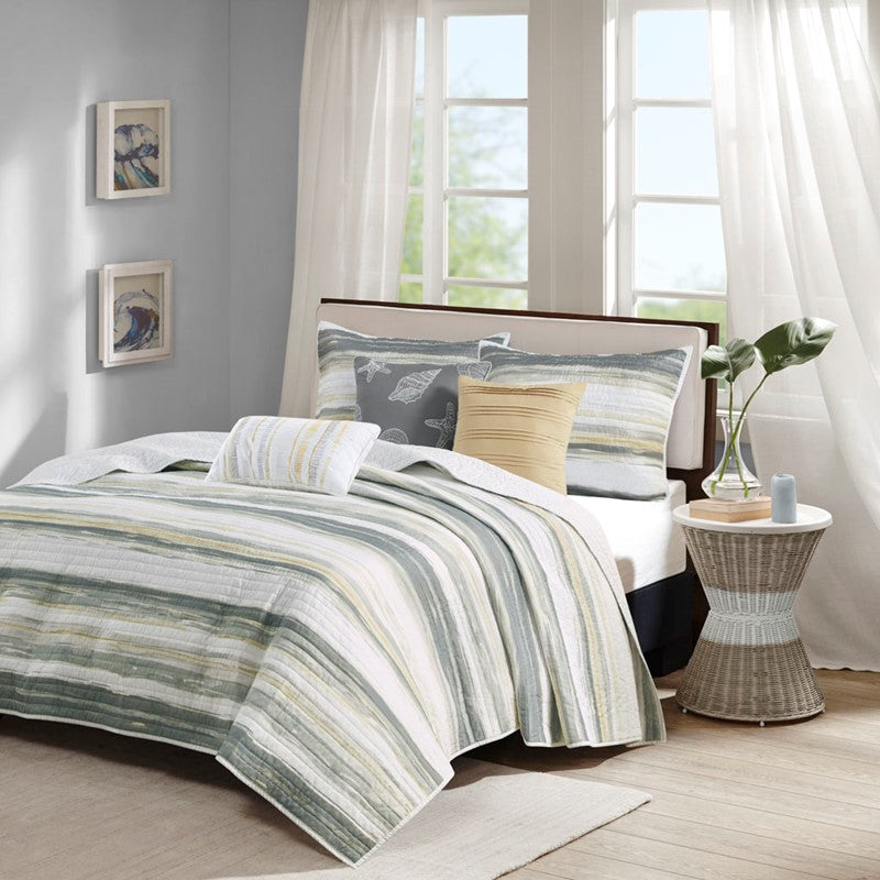 King Beach Quilt Set - Marina Yellow And Grey Hues 6PC - Beach Themed Bedding Set - Quahog Bay Bedding