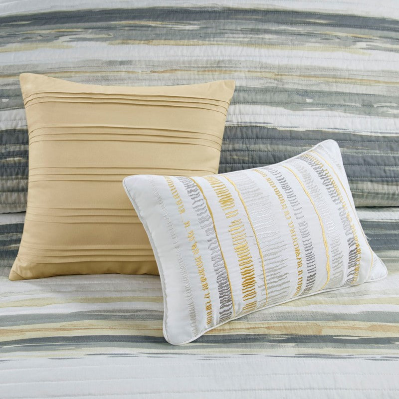 King Beach Quilt Set - Marina Yellow And Grey Hues 6PC - Beach Themed Bedding Set - Quahog Bay Bedding