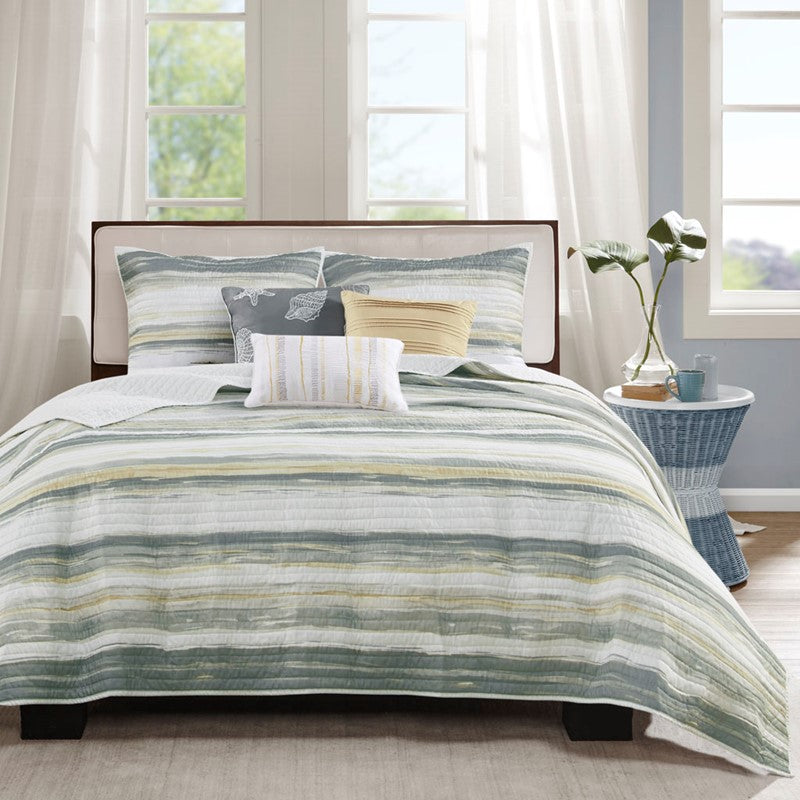 King Beach Quilt Set - Marina Yellow And Grey Hues 6PC - Beach Themed Bedding Set - Quahog Bay Bedding