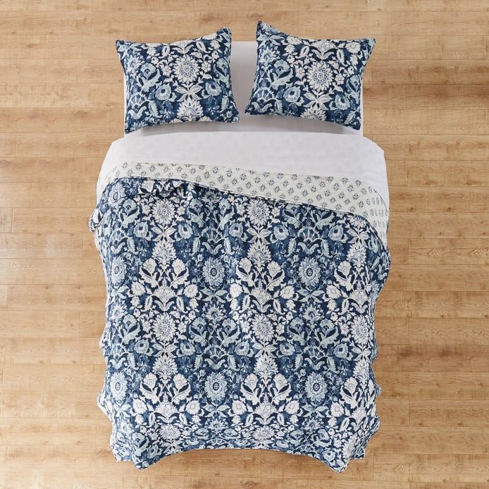 Laure Indigo Quilt Set - Coastal Blue Floral Bedding - Quahog Bay Bedding