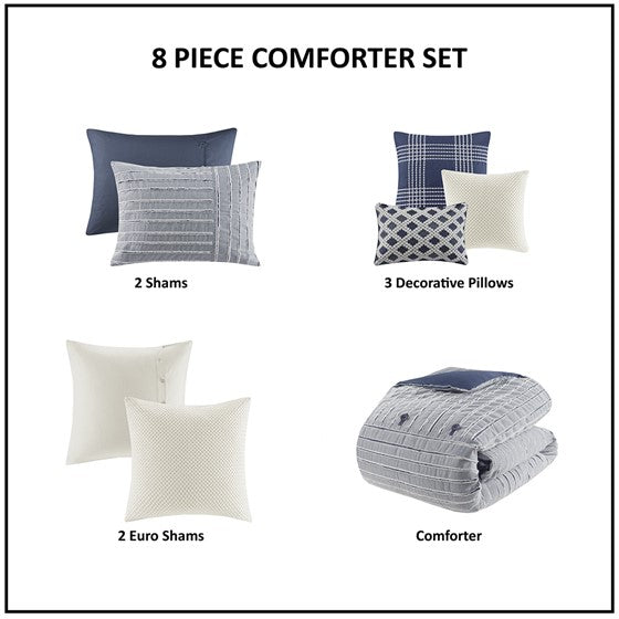 Madison Park Blue Oversized Cotton Clipped Jacquard 8PC Comforter Set - Quahog Bay Bedding