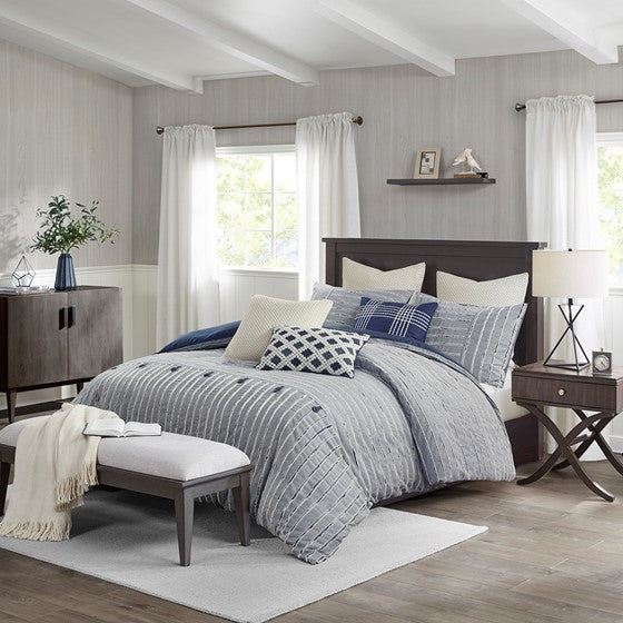 Madison Park Blue Oversized Cotton Clipped Jacquard 8PC Comforter Set - Quahog Bay Bedding