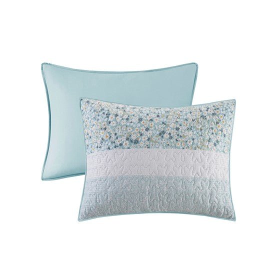 Madison Park Coastal Shabby Chic Seersucker Floral 4PC Quilt Set - Aqua, Blue & Green Hues - Quahog Bay Bedding