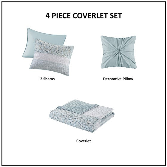 Madison Park Coastal Shabby Chic Seersucker Floral 4PC Quilt Set - Aqua, Blue & Green Hues - Quahog Bay Bedding