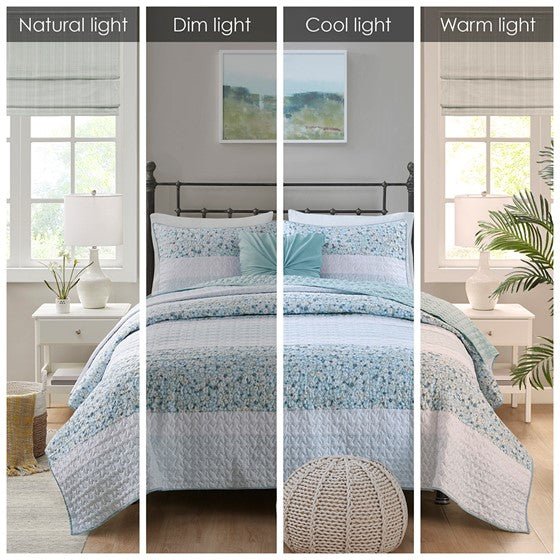 Madison Park Coastal Shabby Chic Seersucker Floral 4PC Quilt Set - Aqua, Blue & Green Hues - Quahog Bay Bedding