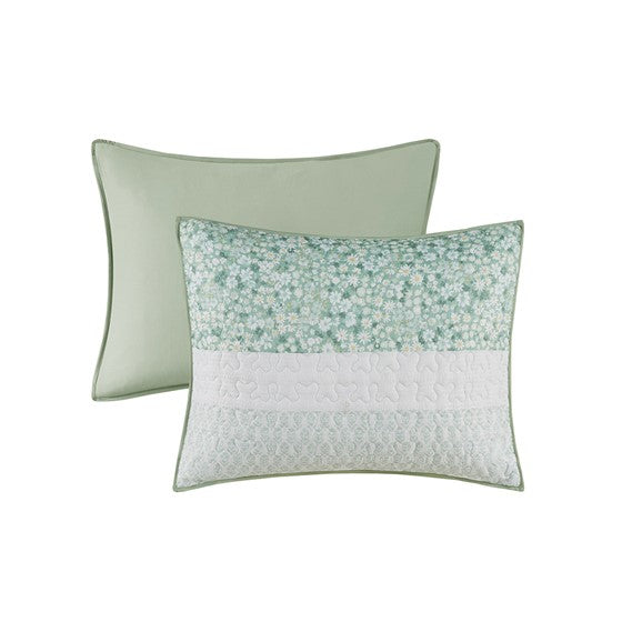 Madison Park Coastal Shabby Chic Seersucker Floral 4PC Quilt Set - Green, Yellow & White Hues - Quahog Bay Bedding