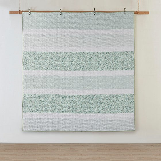 Madison Park Coastal Shabby Chic Seersucker Floral 4PC Quilt Set - Green, Yellow & White Hues - Quahog Bay Bedding