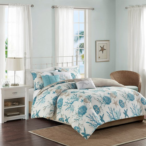 Madison Park Pebble Beach 6 Piece Cotton Sateen Duvet Cover Set - Aqua - Quahog Bay Bedding