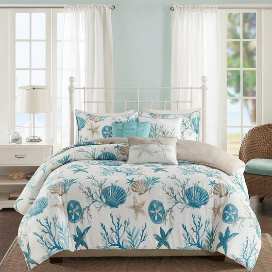 Madison Park Pebble Beach 6 Piece Cotton Sateen Duvet Cover Set - Aqua - Quahog Bay Bedding