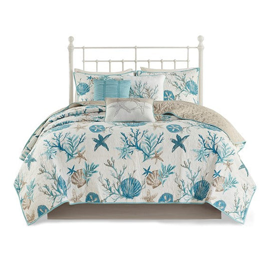 Madison Park Pebble Beach Cotton Sateen Quilt Set 6PC - Aqua - Quahog Bay Bedding
