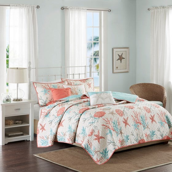 Madison Park Pebble Beach Cotton Sateen Quilt Set 6PC - Coral - Quahog Bay Bedding