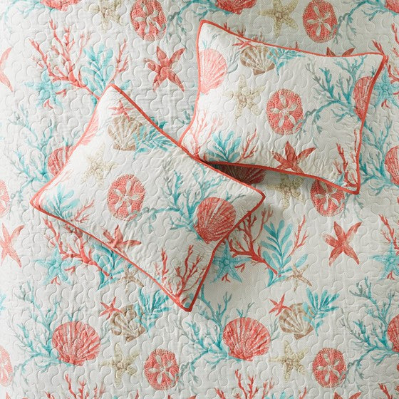 Madison Park Pebble Beach Cotton Sateen Quilt Set 6PC - Coral - Quahog Bay Bedding