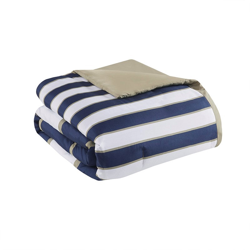 Navy Khaki Stripe 4PC Comforter Set - Nautical Comforters